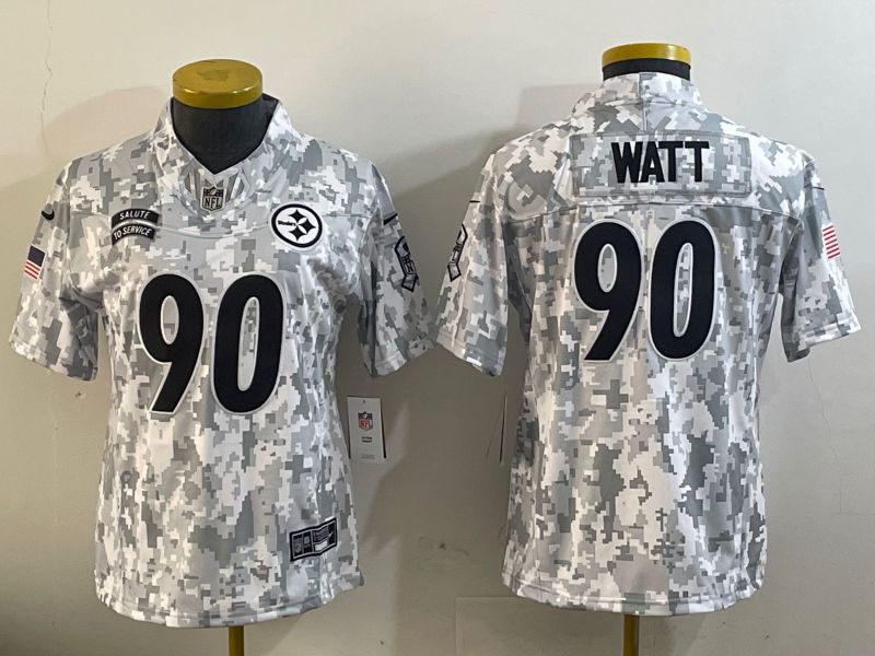 Women Pittsburgh Steelers #90 Watt Nike Arctic Camo 2024 Salute to Service Limited NFL Jersey